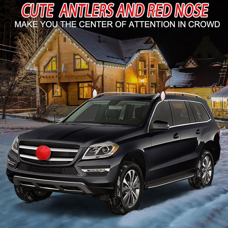 Narremcoy Christmas Car Reindeer Antlers with Ears and Nose - Festive Plush Antler Kit with Hanging Light - Universal Fit Rudolph Holiday Decoration for Car Window SUV Truck Xmas Gift - Image 4